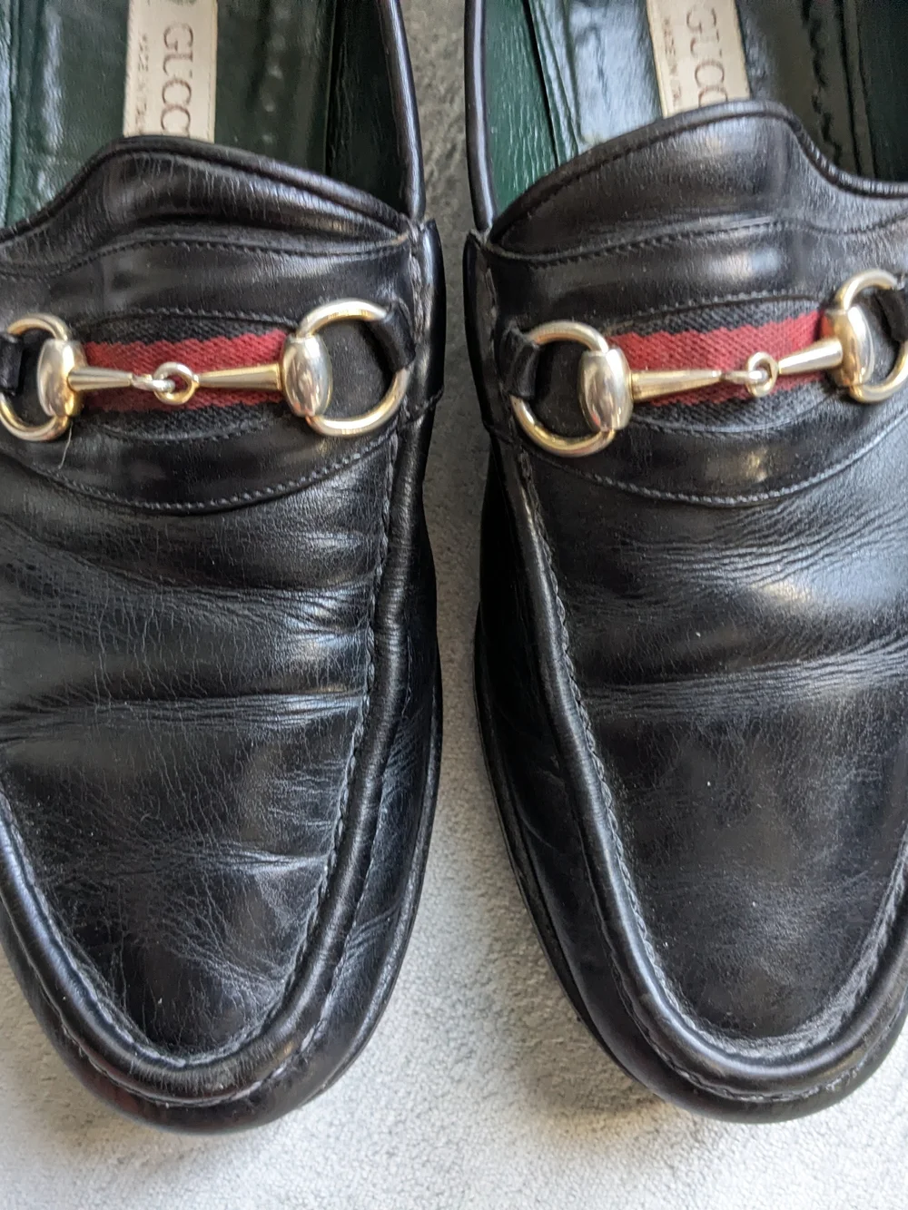 Gucci Black Leather Horsebit Loafers with Red Web Accent US 12 Vintage
